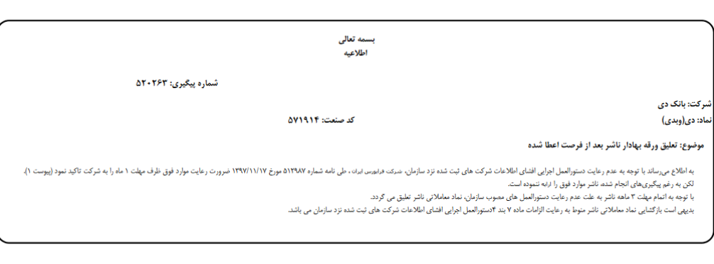 تعلیق ورقه بهادار ناشر بعد از فرصت اعطا شده تعلیق ورقه بهادار ناشر بعد از فرصت اعطا شده