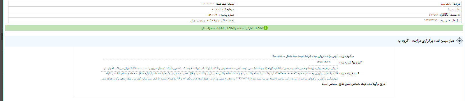 برگزاری مزایده فروش سهام «وسینا»