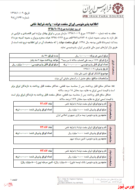 اطلاعيه پذيره‌نويسي اوراق منفعت دولت