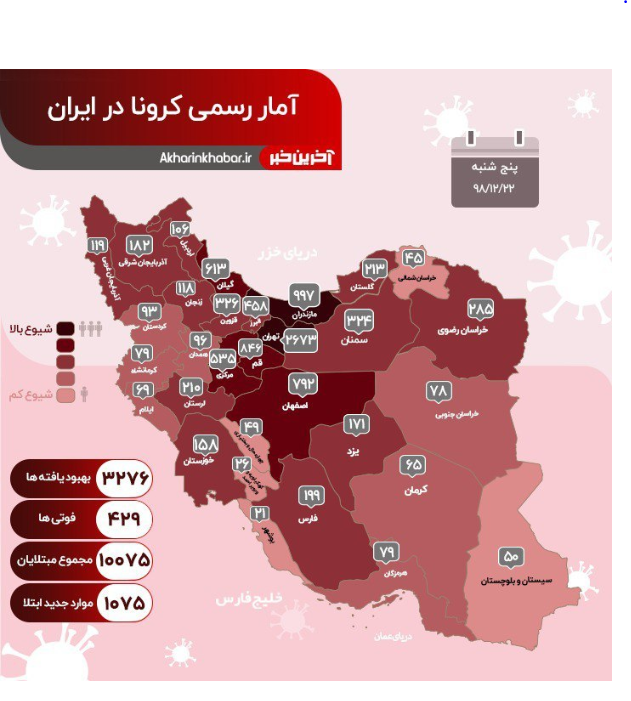 کرونا رکورد زد؛ ۱۰۷۵ مبتلا در ۲۴ ساعت گذشته در کشور