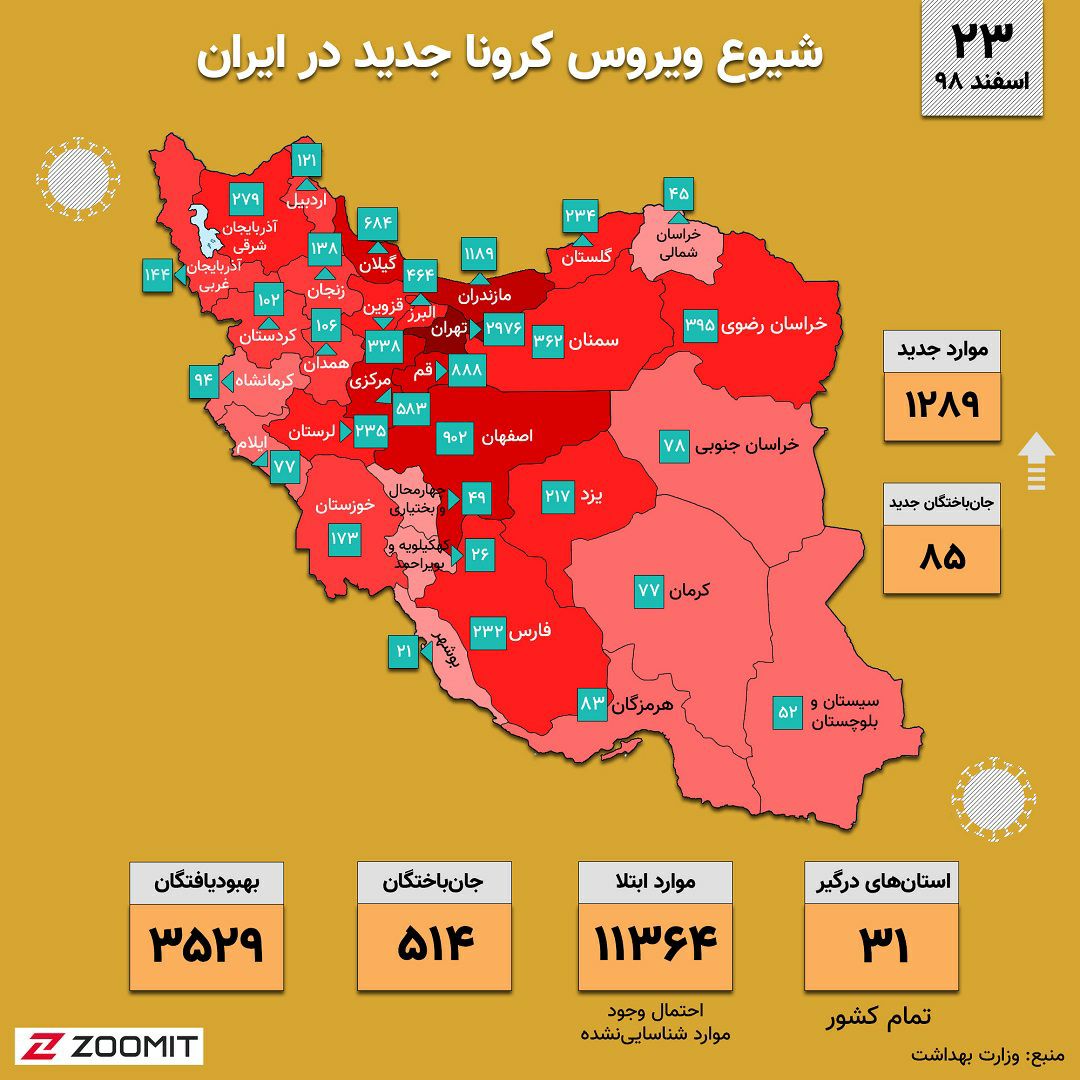 نقشه آخرین وضعیت کرونا در ایران