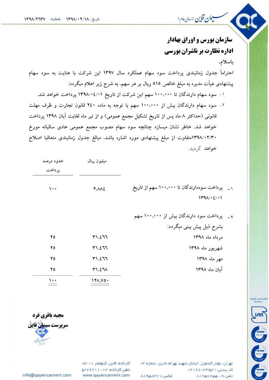 پرداخت سود نقدی 515 ریالی «سقاین»