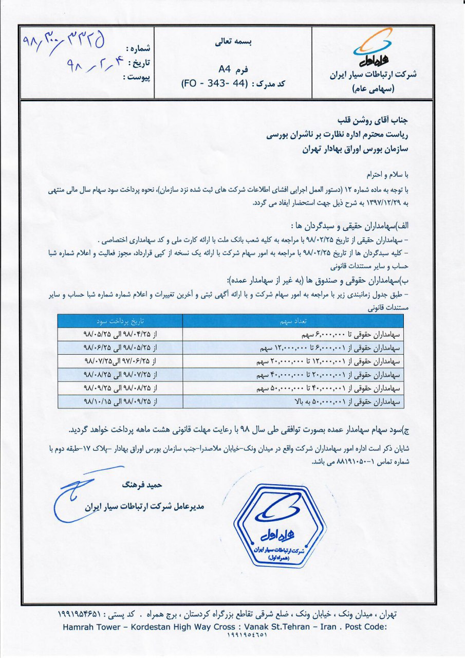 پرداخت سود همراه اول به سهامداران حقیقی و حقوقی