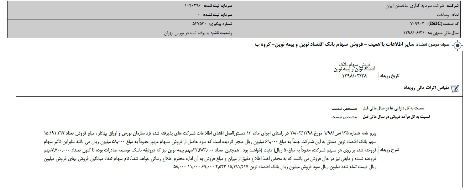 فروش سهام برنامه تازه این ساختمانی / «وساخت» 50 ريال از حساب «ونوین» برداشت کرد