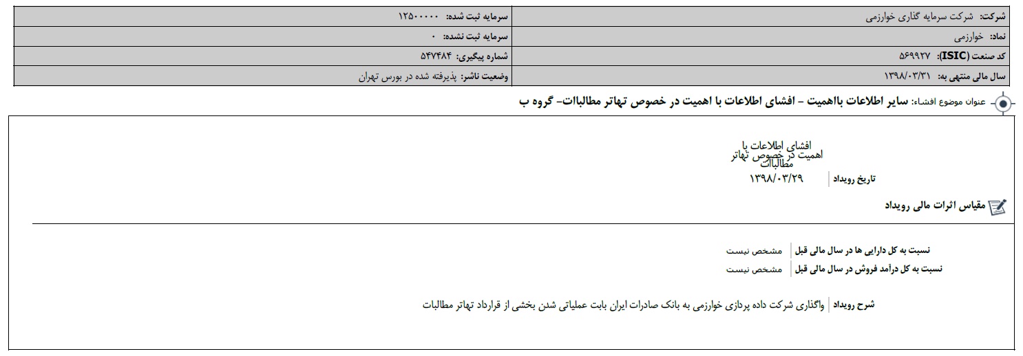 هدیه «وخارزم» به «وبصادر» / تهاتر مطالبات با واگذاری شرکت انجام شد