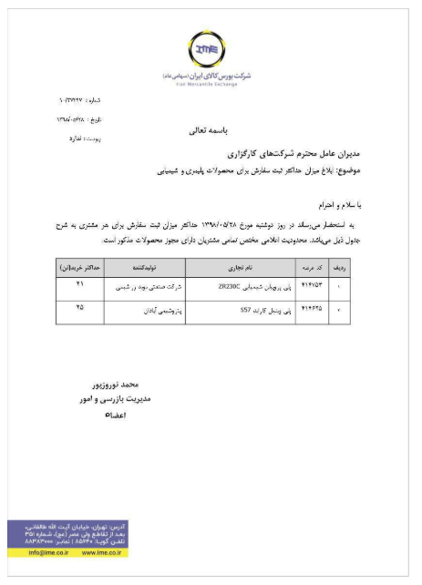 ابلاغ حداکثر میزان ثبت سفارش محصولات پلیمری