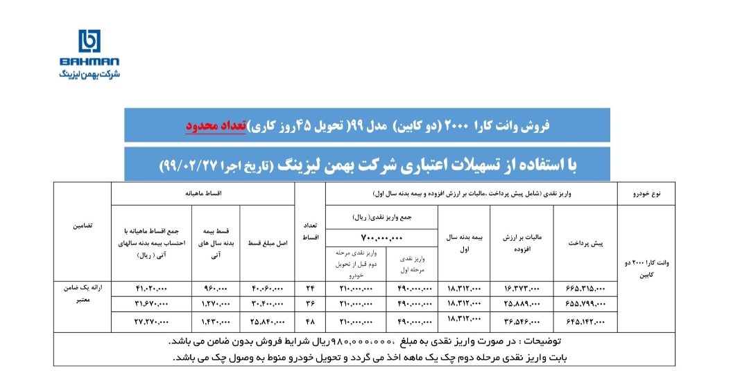 آغاز فروش وانت کارا cc۲۰۰۰ بصورت لیزینگ