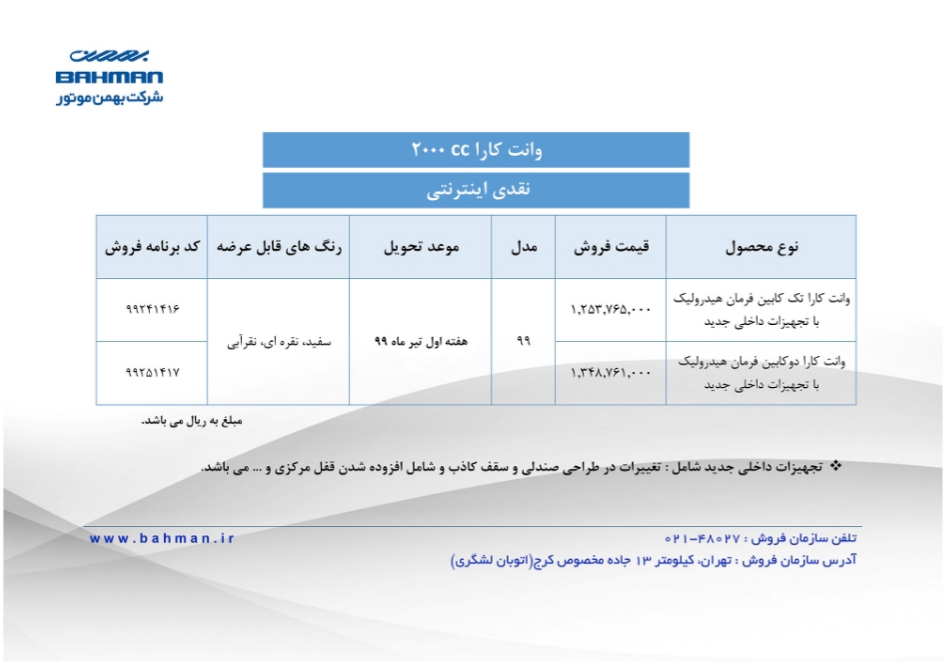 فروش نقدی اینترنتی وانت کارا ویژه خرداد ماه آغاز شد فروش نقدی اینترنتی وانت کارا ویژه خرداد ماه آغاز شد