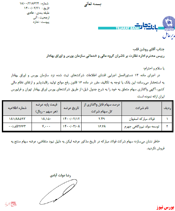 عدم حصول نتیجه از مزایده وتجارت+بورس نیوز