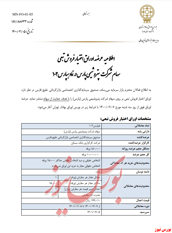 اطلاعیه عرضه اوراق اختیار فروش تبعی سهام شرکت پتروشیمی پارس در نماد 