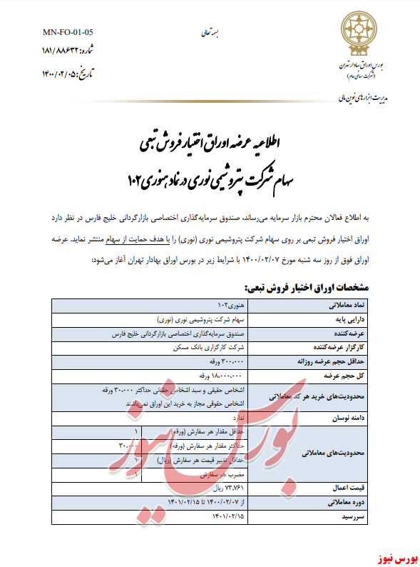 اطلاعیه عرضه اوراق اختیار فروش تبعی سهام شرکت پتروشیمی نوری در نماد 