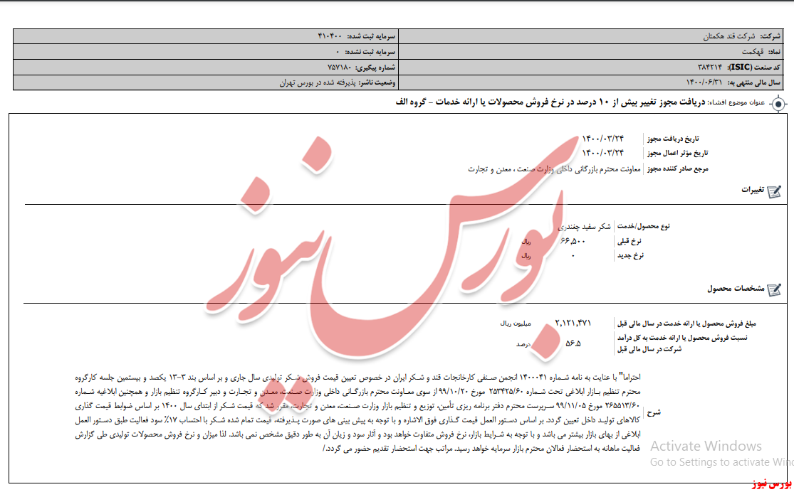 دریافت مجوز رشد نرخ فروش قهکمت