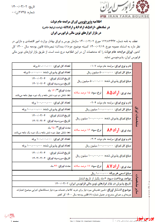 فردا، روز پذیره نویسی اوراق مرابحه عام دولت