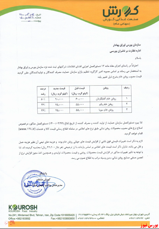 افزایش نرخ روغن غکورش+بورس نیوز