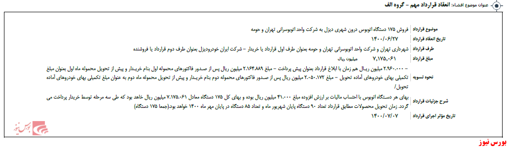 انعقاد قرارداد فروش ۱۷۵ دستگاه اتوبوس درون شهری 