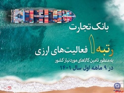 کسب رتبه نخست بانک تجارت در فعالیتهای ارزی به منظور تامین کالاهای اساسی کشور کسب رتبه نخست بانک تجارت در فعالیتهای ارزی به منظور تامین کالاهای اساسی کشور