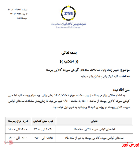 تغییر در ساعت پایانی بازارهای مالی و مشتقه بورس کالا