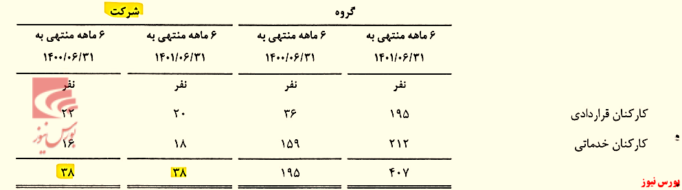 تعداد نفراتی که در این شرکت شاغل هستند ۳۸ نفر به ثبت رسیده که ۲۰ نفر کارکنان قراردادی و ۱۸ نفر نیز کارکنان خدماتی هستند. این تعداد نسبت به دوره مشابه تغییری را به همراه نداشته است. با این وجود در صورت مالی میاندوره‌ای ۶ ماهه منتهی به شهریورماه ۱۴۰۰ آمده است که این تعداد مبلغ ۲۷۰ میلیون تومان عیدی و پاداش دریافت کرده‌اند اما؛ در پایان شهریورماه ۱۴۰۱
