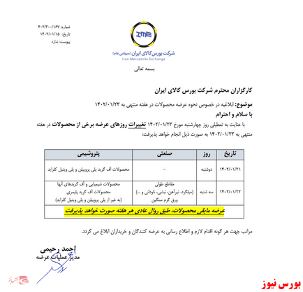 تغییر زمان بندی عرضه محصولات در بورس کالا