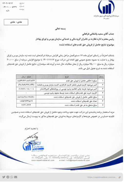 واریز وجوه حق تقدم استفاده نشده تا تاریخ ۱۸ مهر ۱۴۰۲