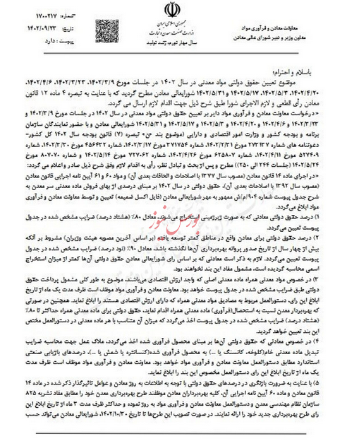 حقوق دولتی مواد معدنی در سال ۱۴۰۲ ابلاغ شد