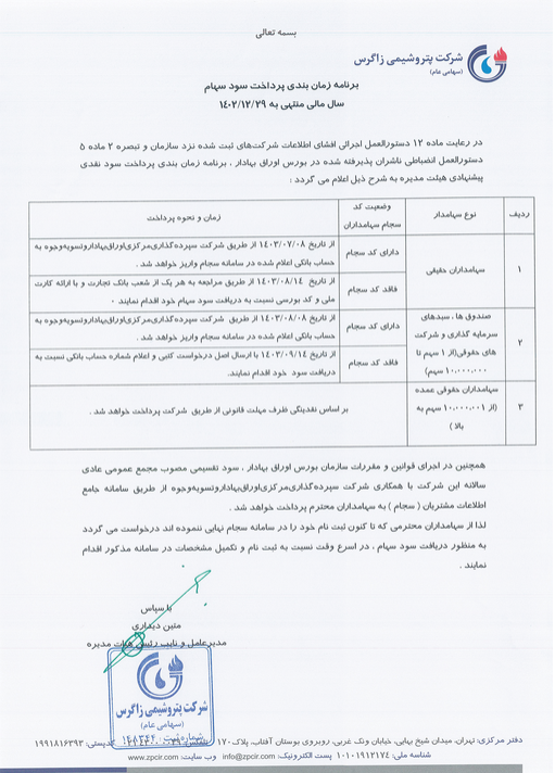 آگهی پرداخت سود سهام سال مالی منتهی به ۱۴۰۲/۱۲/۲۹/ 4 تیرماه ساعت 18