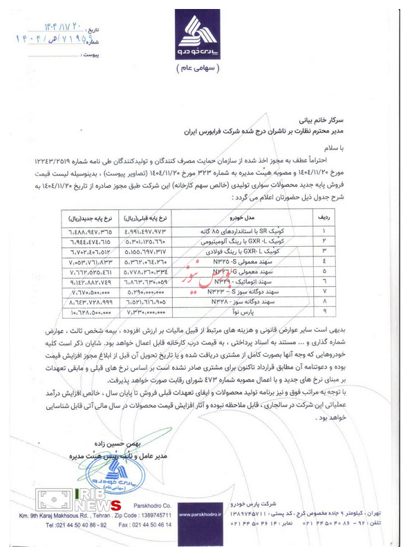 قیمت های جدید محصولات پارس&zwnj;خودرو مشخص شد