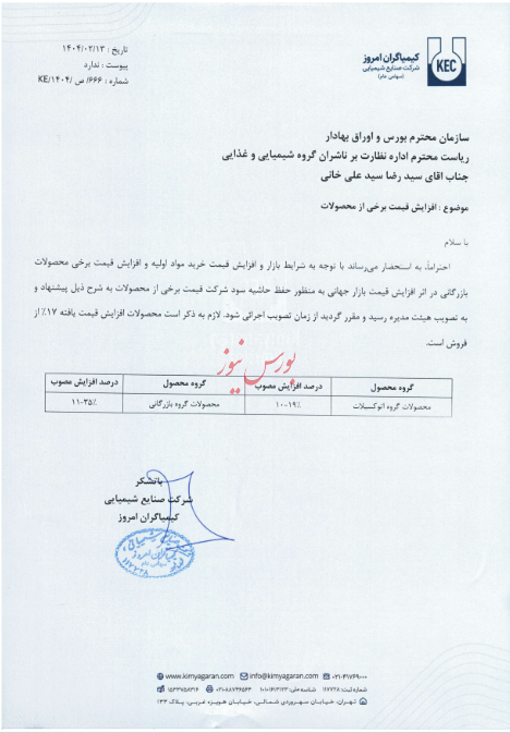 سایر اطلاعات بااهمیت  افزایش قیمت برخی از محصولات