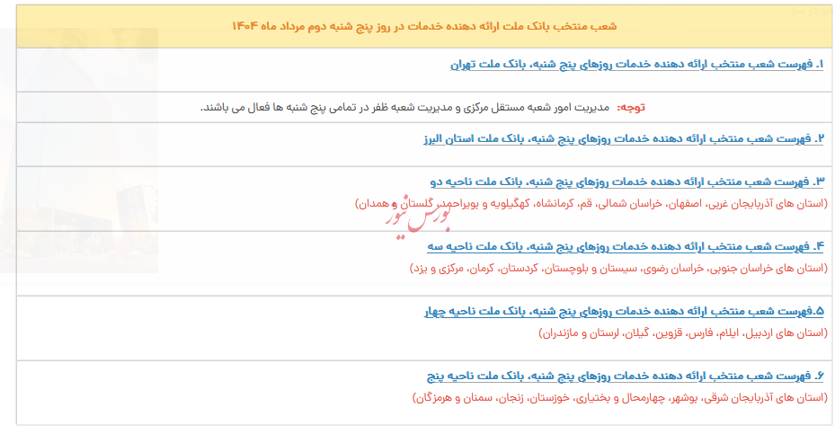 اعلام اسامی شعب کشیک بانک ملت در تهران به منظور خدمت رسانی در روز چهارشنبه اول مردادماه ۱۴۰۴/ 31 تیر ساعت 17