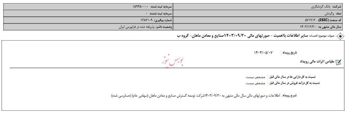 سایر اطلاعات بااهمیت  صورتهای مالی 1403/09/30صنایع و معادن ماهان