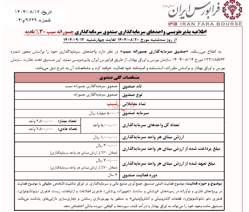 پذیره‌نویسی صندوق سرمایه‌گذاری جسورانه
