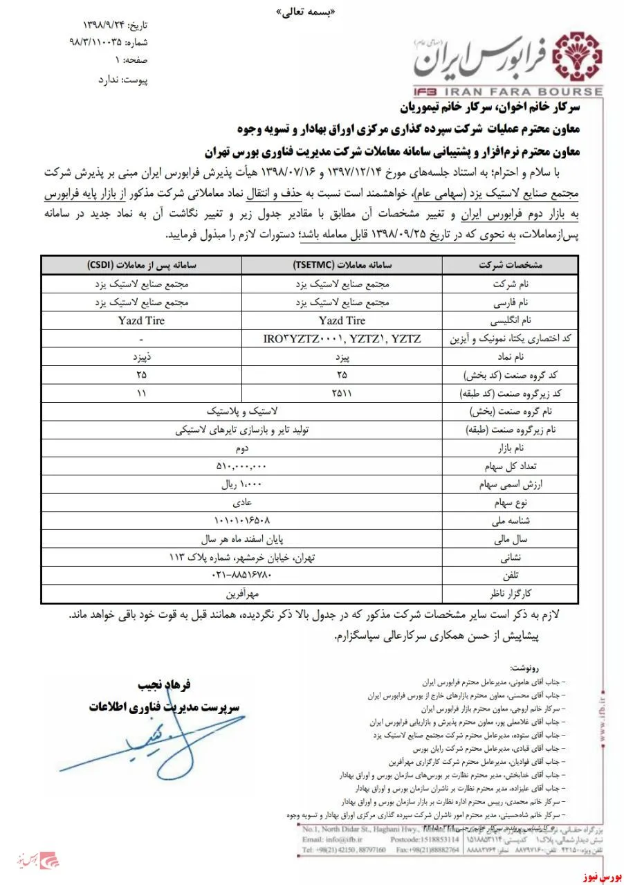 نماد مجتمع صنایع لاستیک یزد از بازار پایه حذف شد
